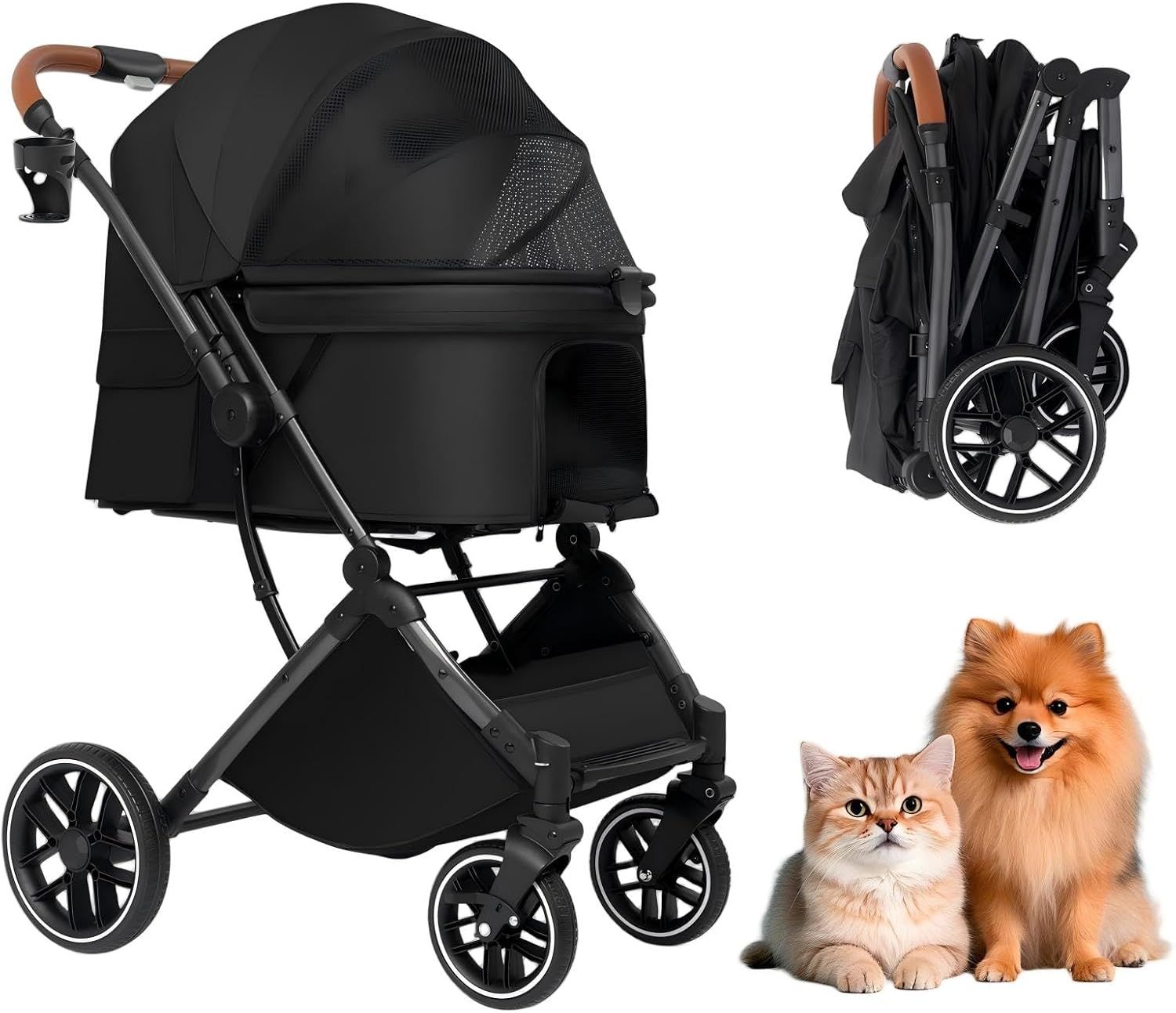 一体型ペットカート 多頭の小型犬 猫 中型犬一匹用 軽量 両対面式 オールシーズン 広々室内 自立式 4 輪ペットカート ワンタッチ折り畳み 前後輪ブレーキ付き 飛び出し防止 通気性 組み立て簡単 15,106円