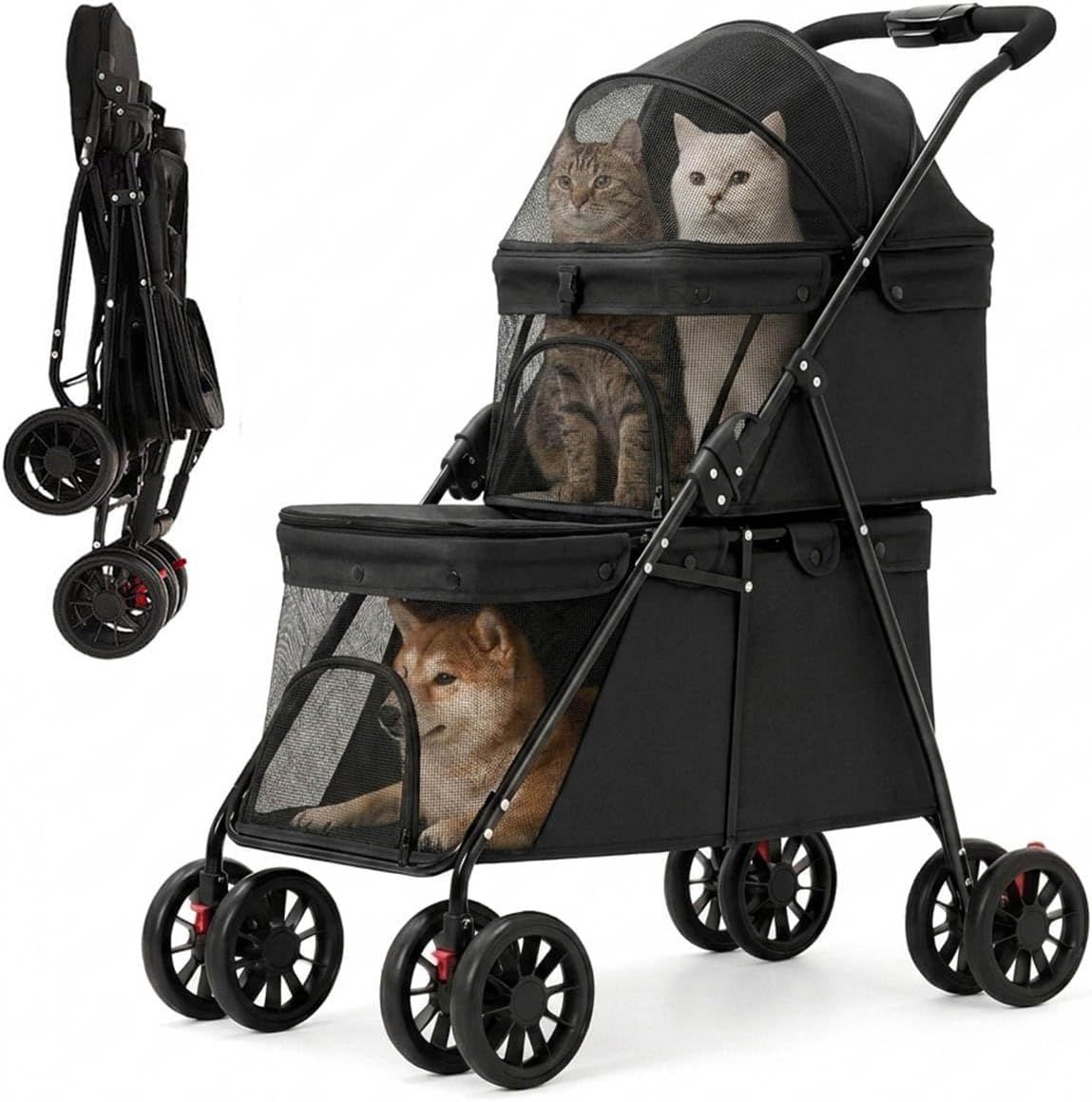 MODONGペットカート2段式多頭用超軽量5.7kg犬カートワンタッチ折りたたみ猫小型犬耐荷重24kg4輪前輪360°回転後輪ブレーキ付介護ペットバギーブラック