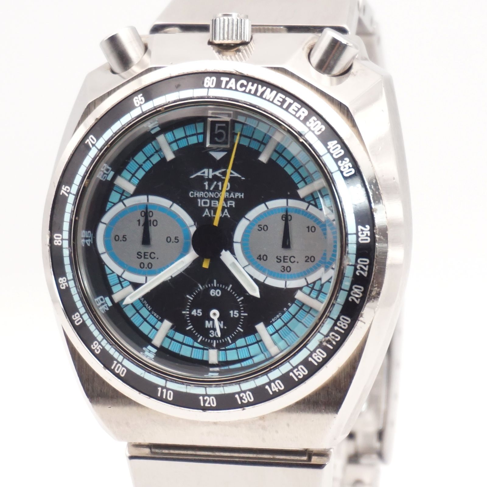⭐新品電池交換済 SEIKO ALBA AKA V657-6060 ブルヘッド クロノグラフ 1997年2月製 ブルー文字盤 タキメーター クォーツ 純正ブレス メンズ 腕時計 日本製 ヴィンテージ
