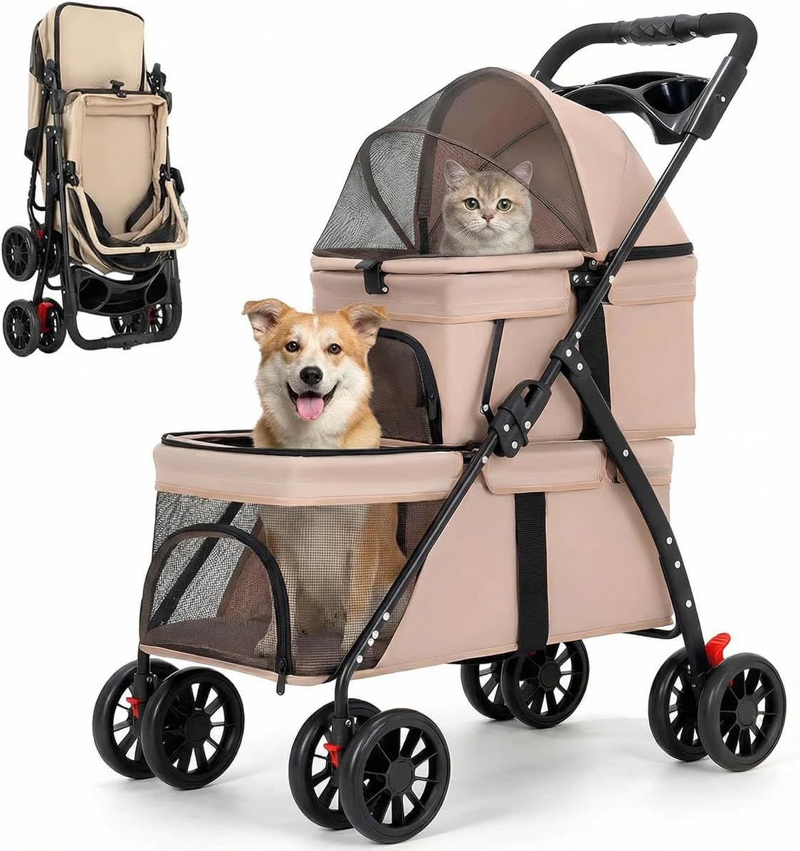 MODONG ペットカート 2段式 小型犬 猫 多頭飼い 前輪360°回転 後輪ブレーキ付 収納便利 カーキ 耐荷重20KG 介護用 通院 散歩 折りたたみ