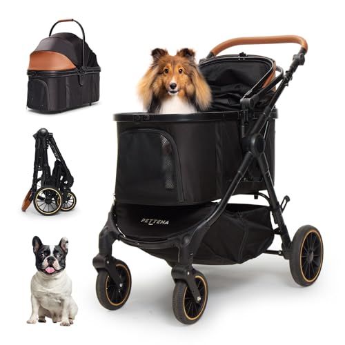 【中型犬専用】PETTENA ペットカート 中型犬 犬カート 30KG耐荷重 多頭 安定性最高 自立型 広い空間 自動折り畳み EN1888規格に適合 外出便利 犬用バギー 猫 三つ通気窓