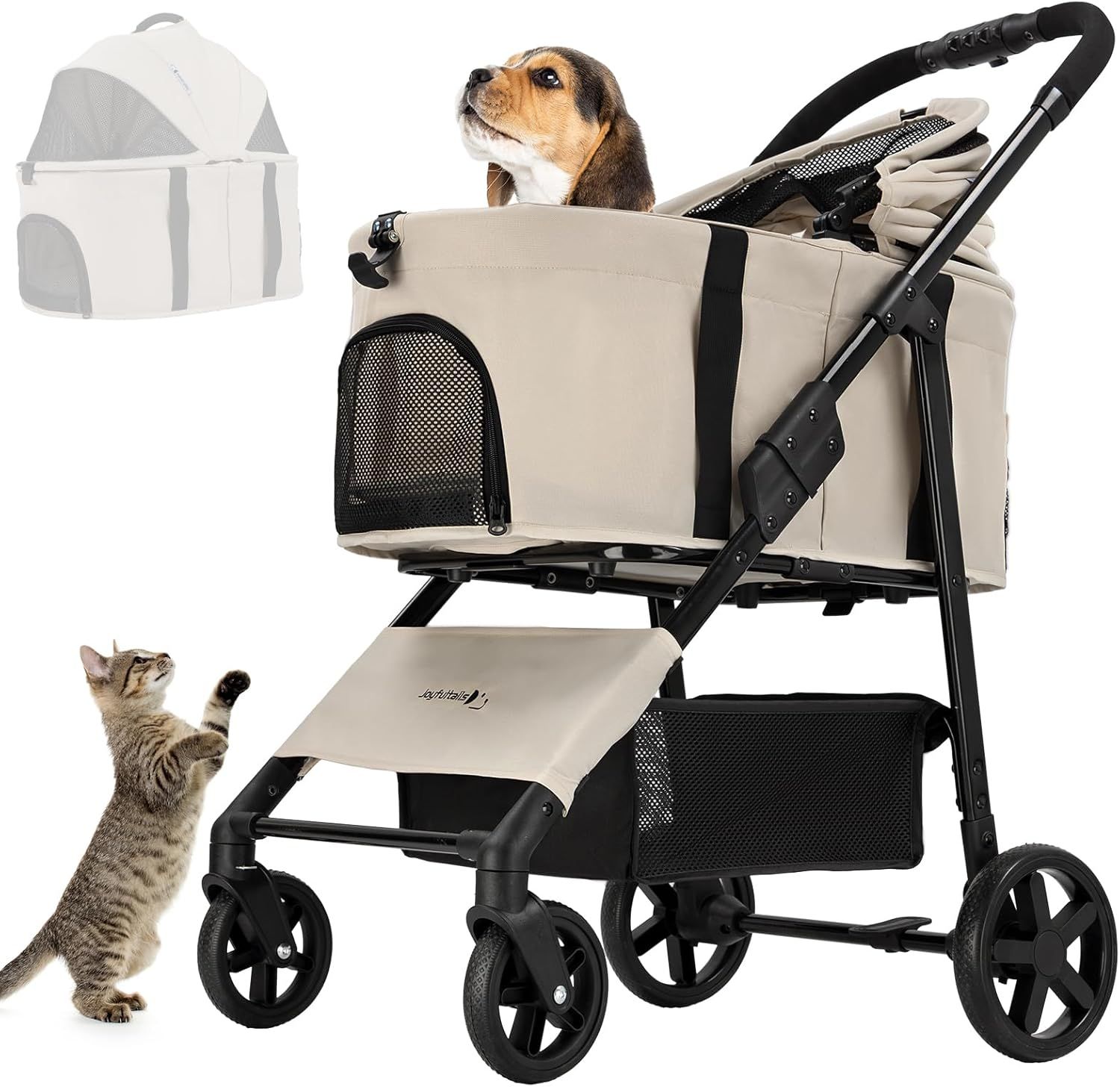 Joyfultails ペットカート 3way 猫犬兼用 分離型 軽量 耐荷重15KG 前輪360°回転 後輪ブレーキ付き ドッグカート キャリー コンパクト 折りたたみ 多機能 対面式
