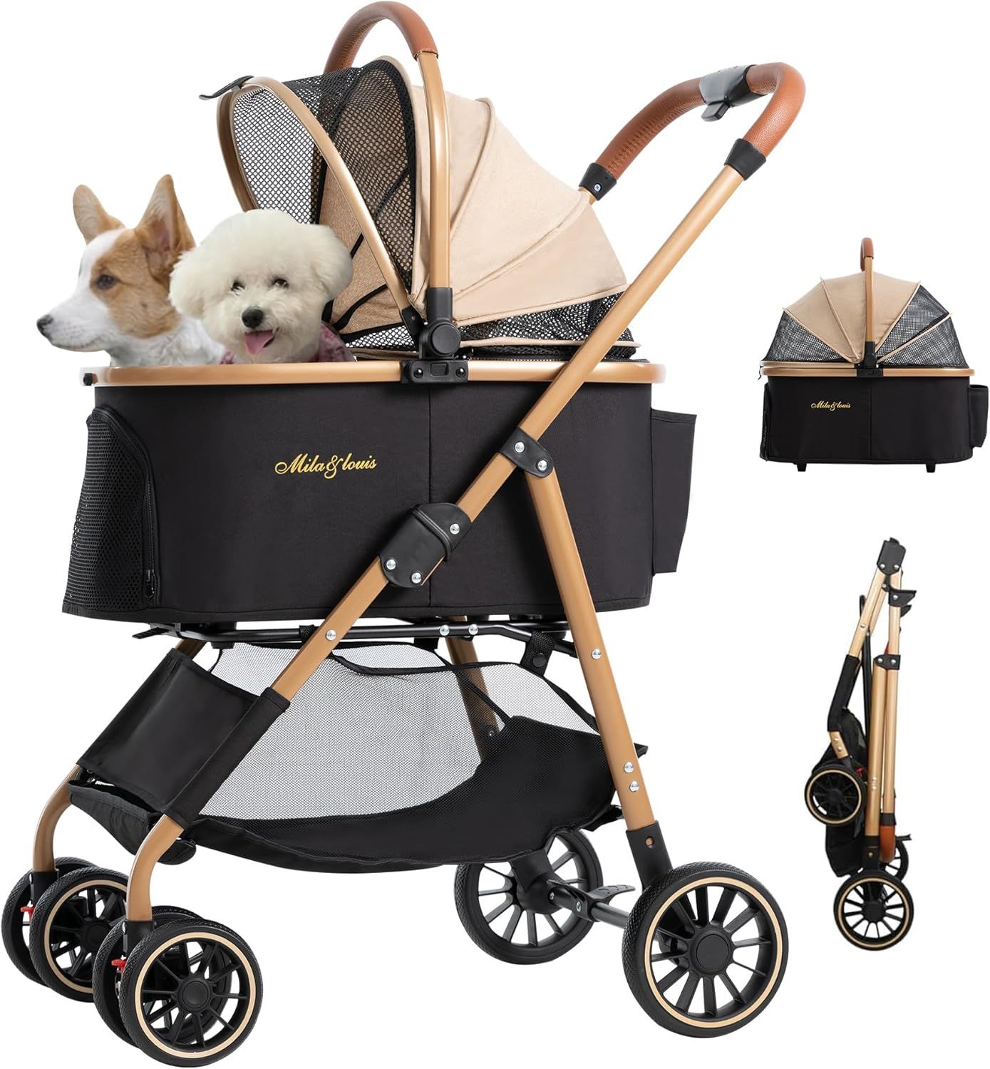 MILA&LOUISペットカート分離一体折りたたみ軽量犬カート4輪耐摩耗PUホイール衝撃吸収ユニバーサル後輪片足ブレーキ多頭小型犬猫中型犬カーキカップホルダー付属5.5KG