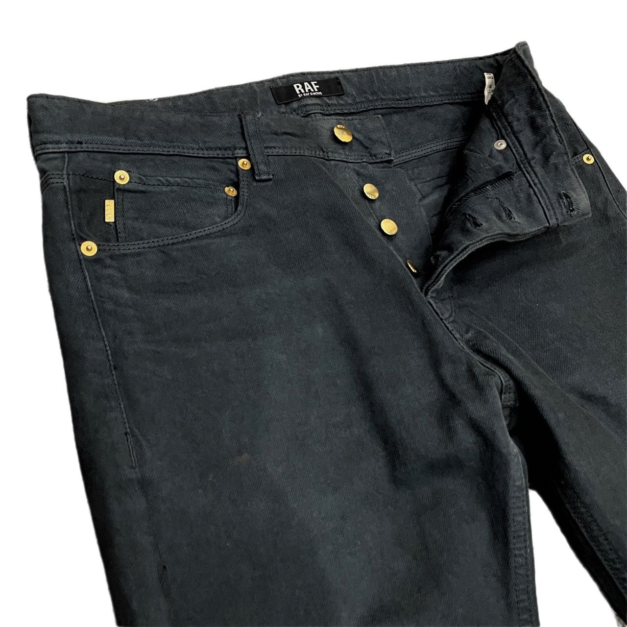 RAF SIMONS ネイビーパンツ 48 RAF by RAF SIMONS ネイビーデニム5ポケットテーパードパンツ ジーンズ