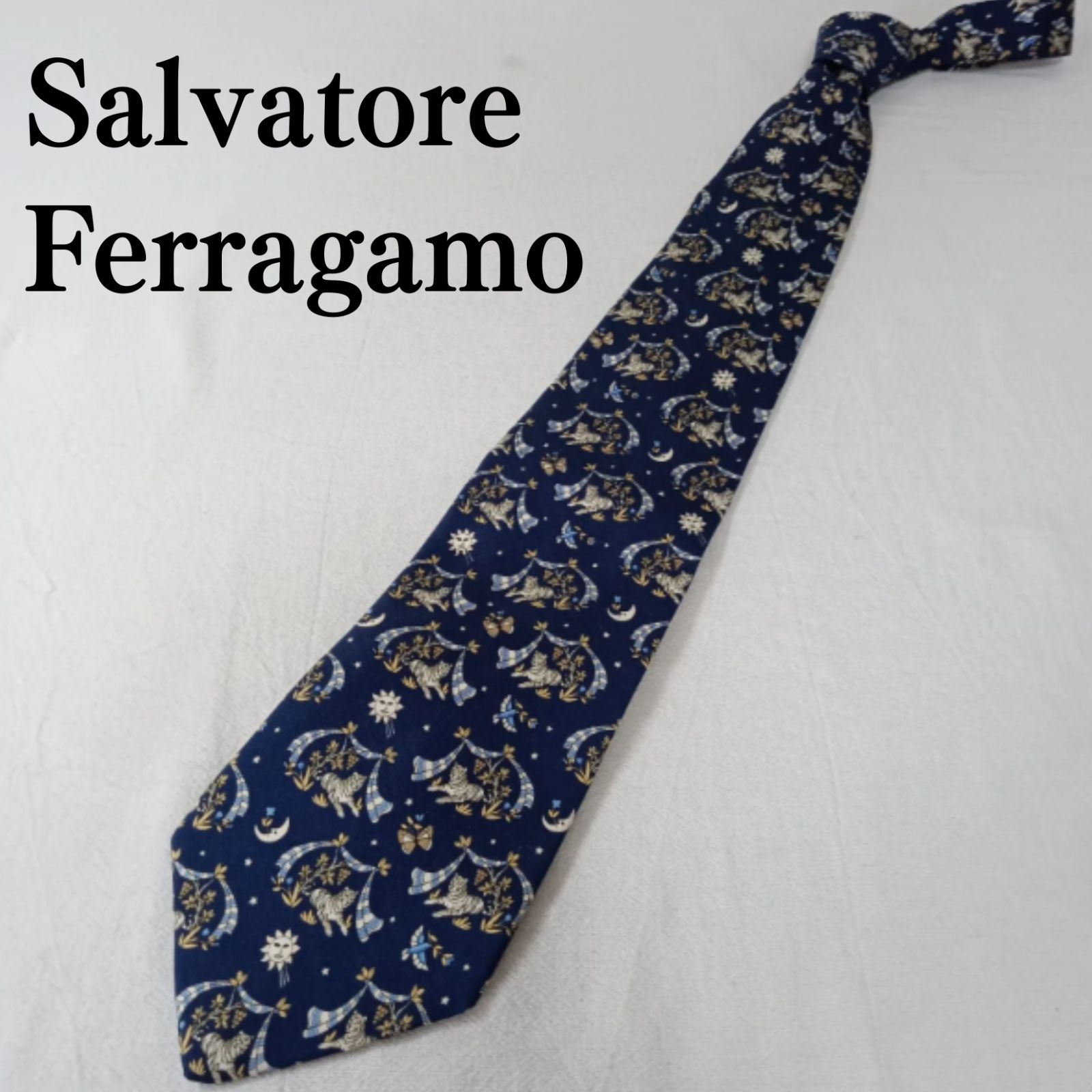 ★【極美品】 Salvatore Ferragamo ネクタイ 小紋柄 ネイビー 美品】サルヴァトーレフェラガモ ネクタイ 小紋柄 ネイビー×ゴールド