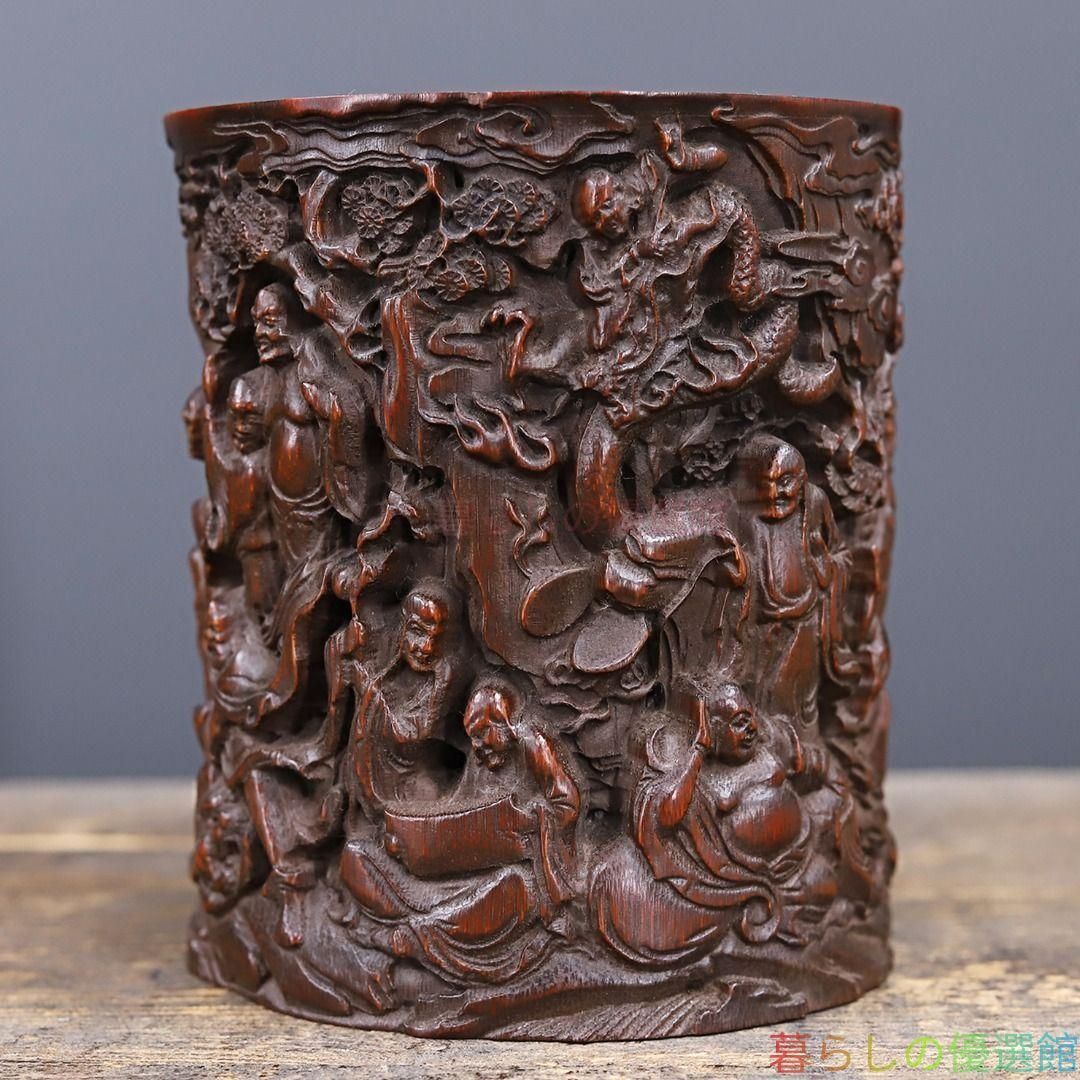 竹 細工 彫刻 十八羅漢筆筒 書道具 文房具 工芸品 置物 上品】竹 彫刻 十八羅漢 筆箱 置物zw427 - メルカリ