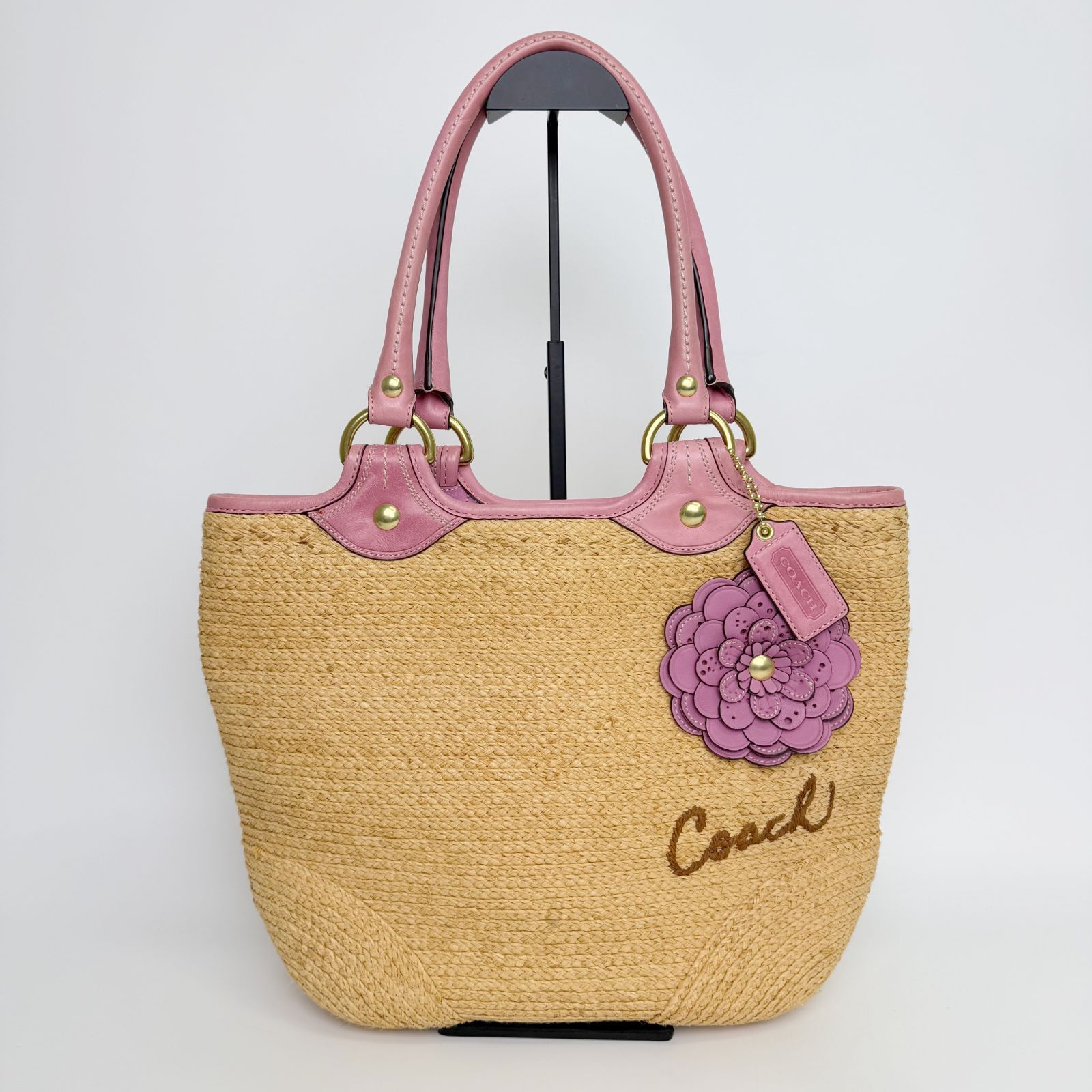 中古】COACH コーチ F13373 ストロー フラワー トートバッグ ストロー