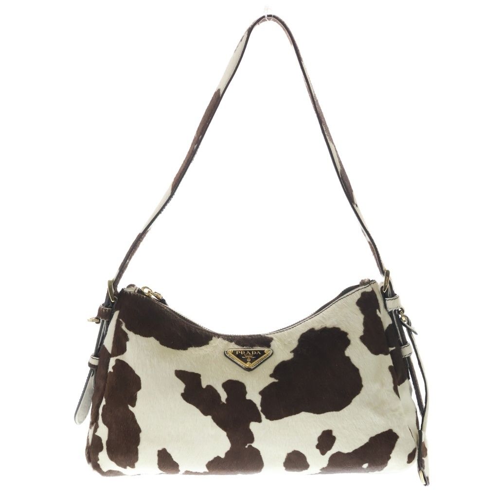 PRADA (プラダ) エメ 牛柄 ハラコ レザー ワンショルダー バッグ ホワイト/ブラウン 1BC229
