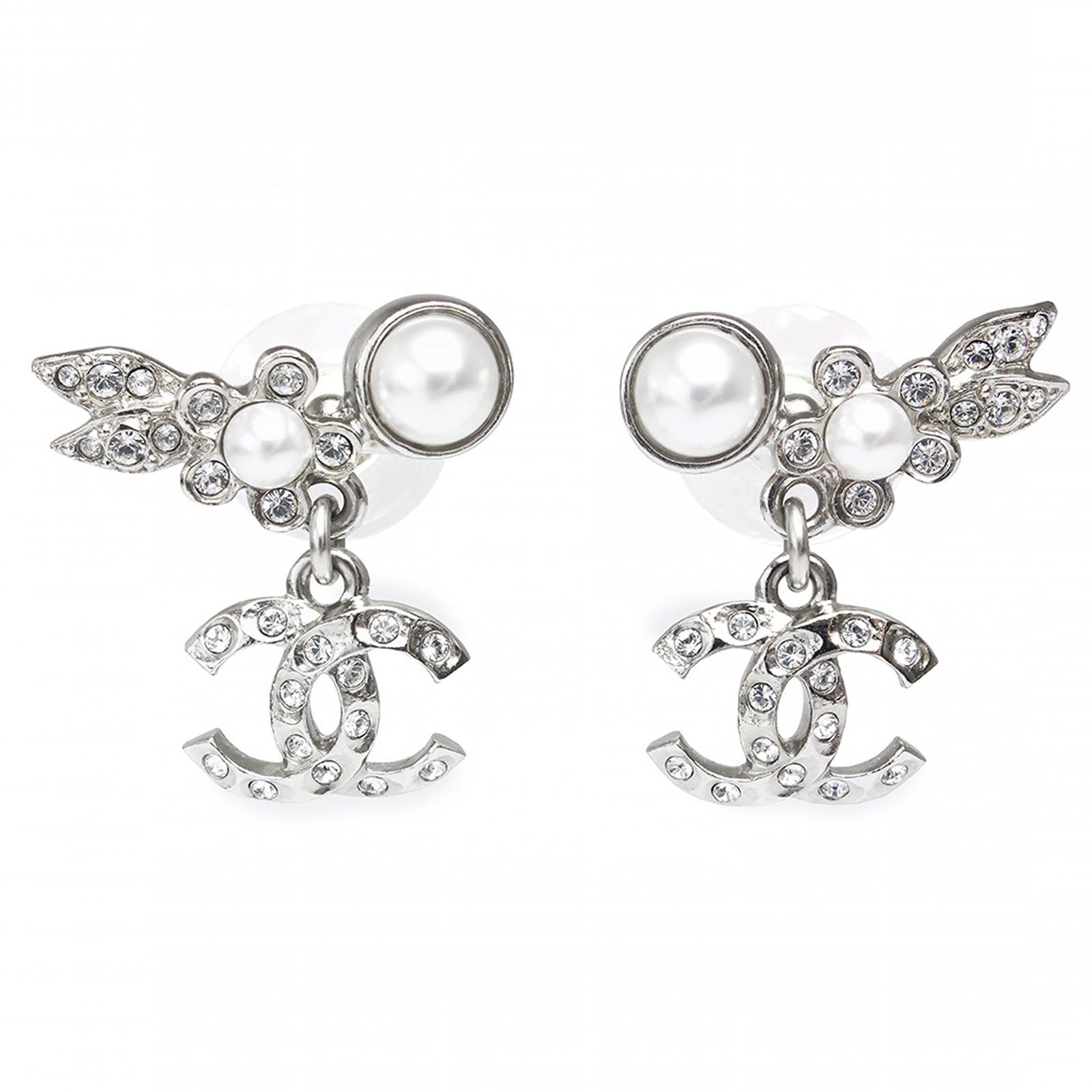 CHANEL シャネル ピアス シルバー ストーン付き シャネル AB6929 ココマーク ラインストーン パール フラワー 花