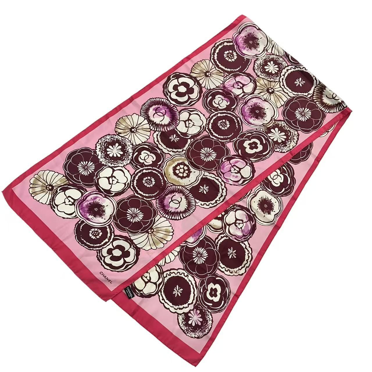 美品　シャネル　ココマーク　カメリア　シルク　スカーフ　シフォン　シアー 美品 CHANEL シャネル ロング スカーフ カメリア ココマーク プリント