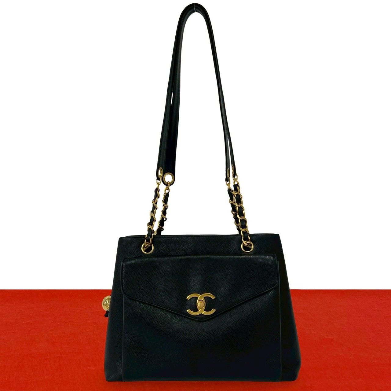 極 美品 シール有 3番台 CHANEL シャネル ヴィンテージ ココマーク キャビアスキン セミショルダーバッグ ミニトートバッグ ブラック 38927