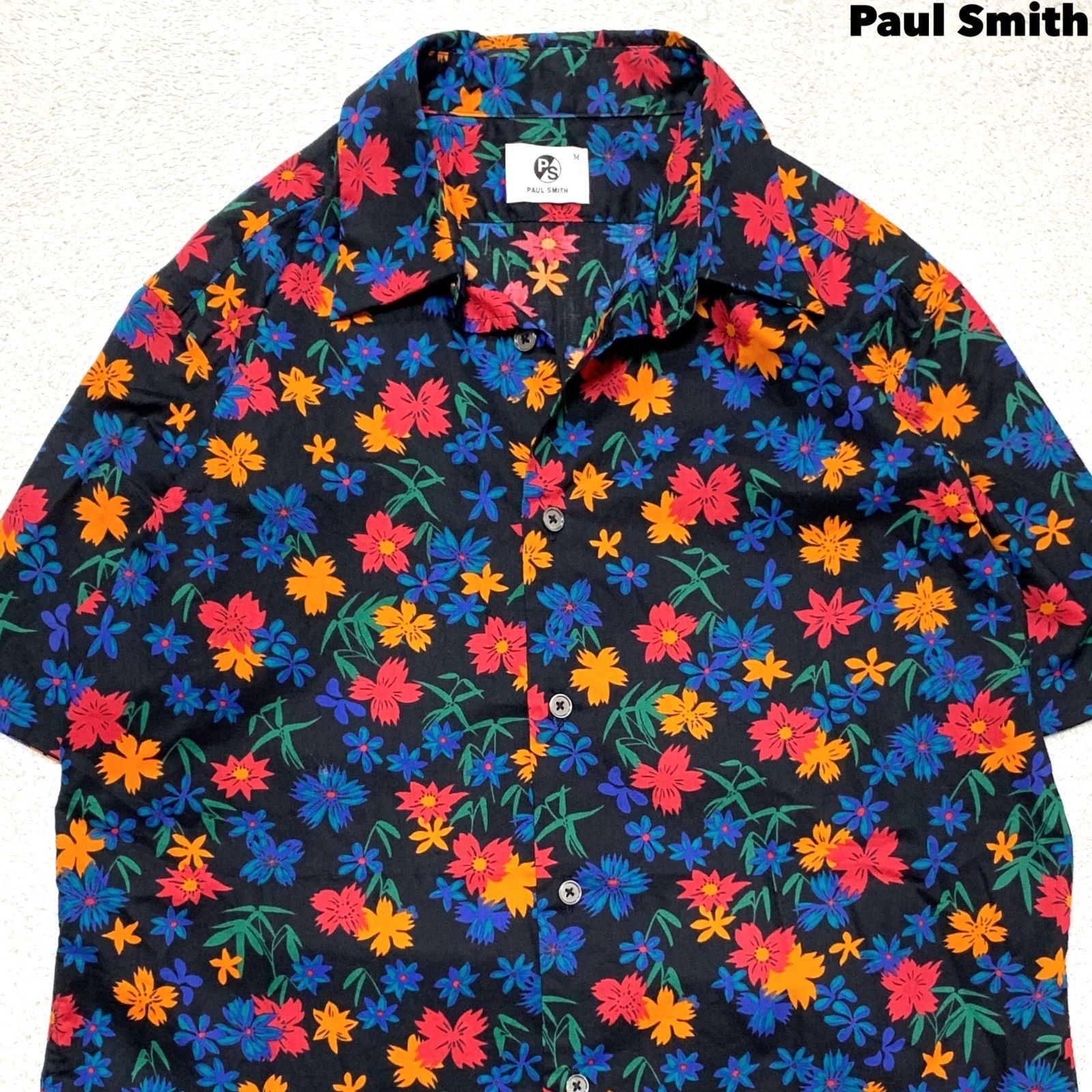 Paul Smith BAMBO FLORAL PRINT S/S SHIRTS 花柄シャツ 総柄 フローラル ボタニカル ショートスリーブ 半袖 Mサイズ マルチカラー ブラック 黒 ポールスミス