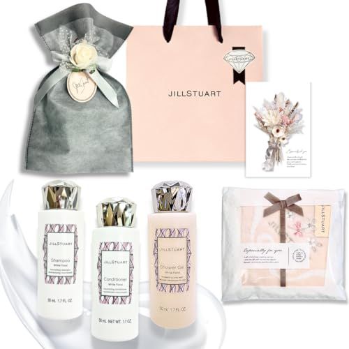 【セット品・ラッピング済み】JILL STUART ジルスチュアート ホワイトフローラル ヘアケア トラベルセット（シャンプー ＆ コンディショナー＆ シャワージェル）トラベルキット & ハンカチ 母の日 ギフト 化粧品 誕生日 プレゼント 19787fe6