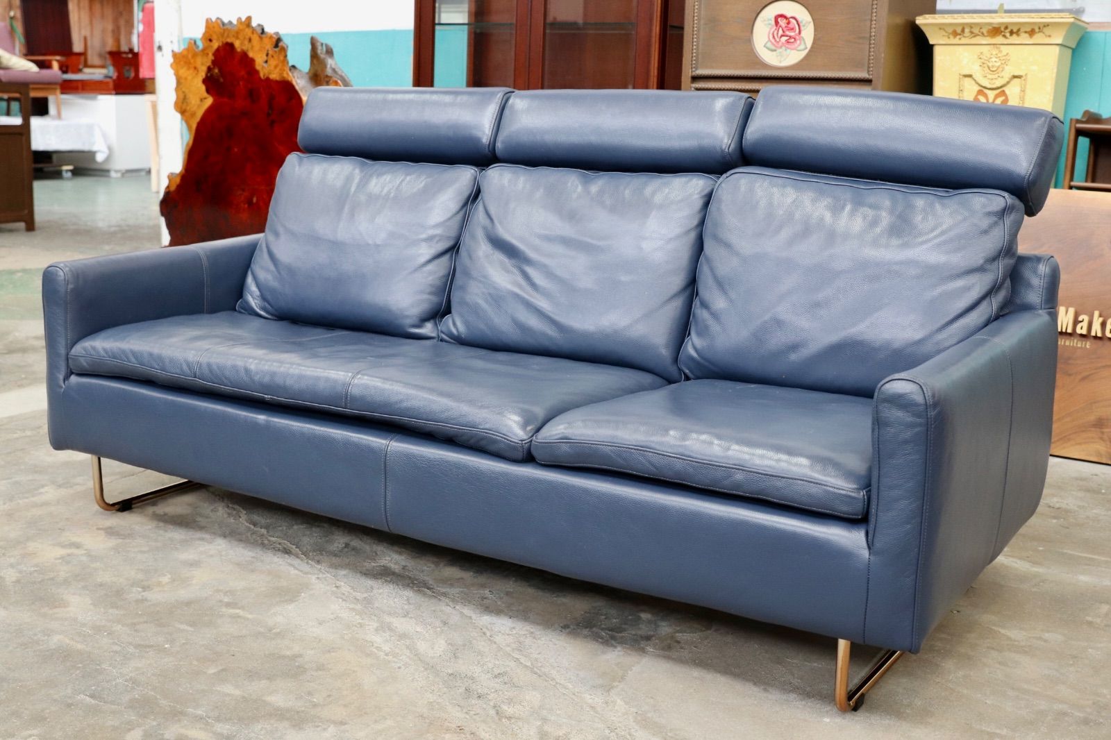 GMJS168○LIVING HOUSE / リビングハウス NOVA 3人掛けソファ 総本革 ブルー ハイバック ヘッドレスト モダン 定価約28.6万円