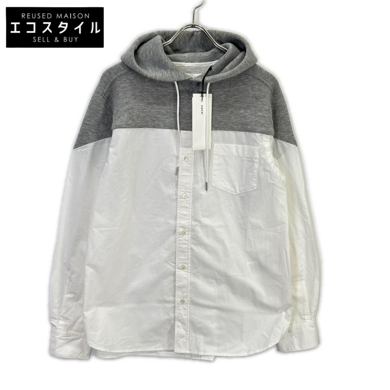 sacai サカイ SCM-026 ホワイト×グレー ドッキング シャツ フーディ 1