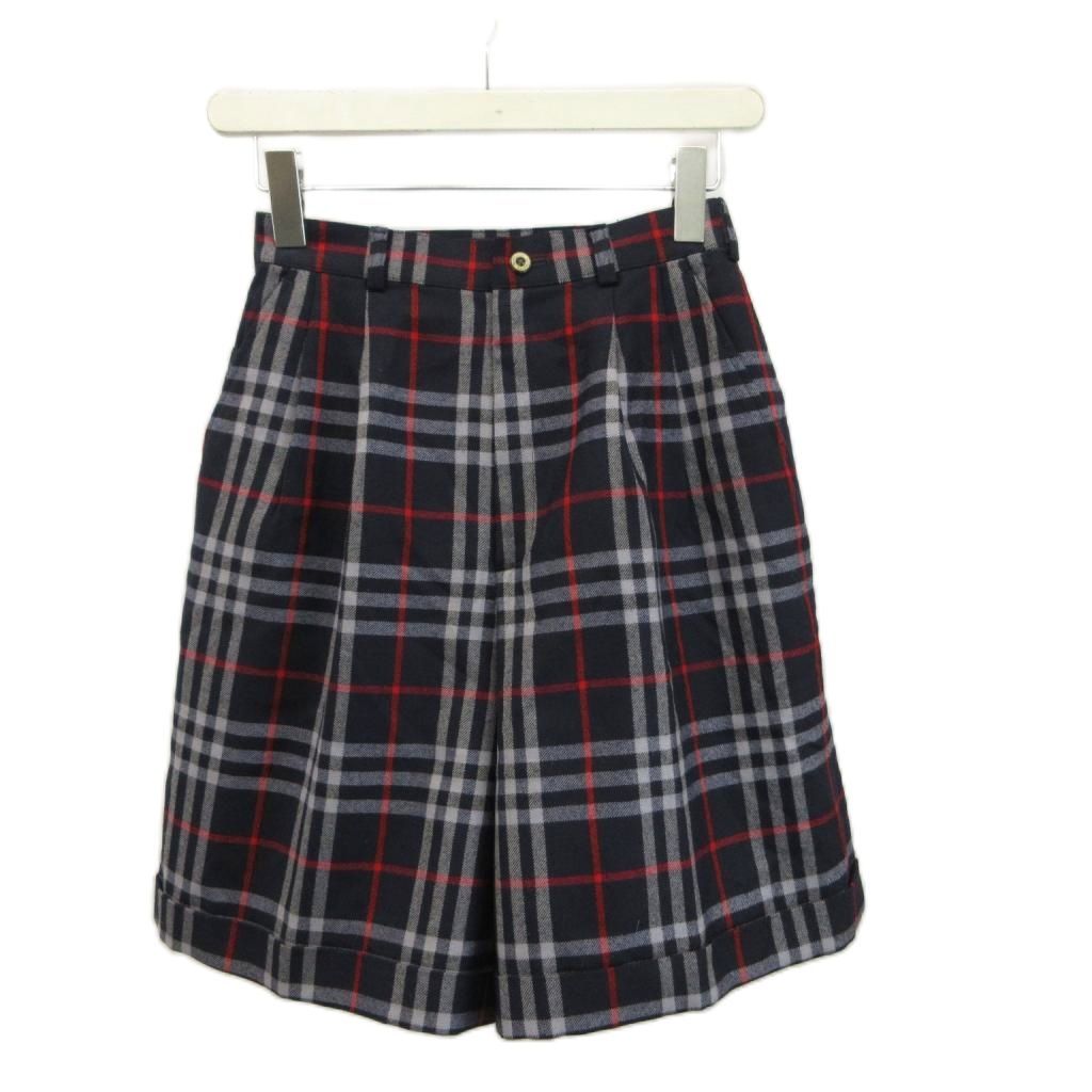 バーバリーズ Burberrys キュロットハーフパンツ ショートパンツ ウール M 紺 ネイビー 赤 レッド グレー チェック柄 2タック /SH ■GY19