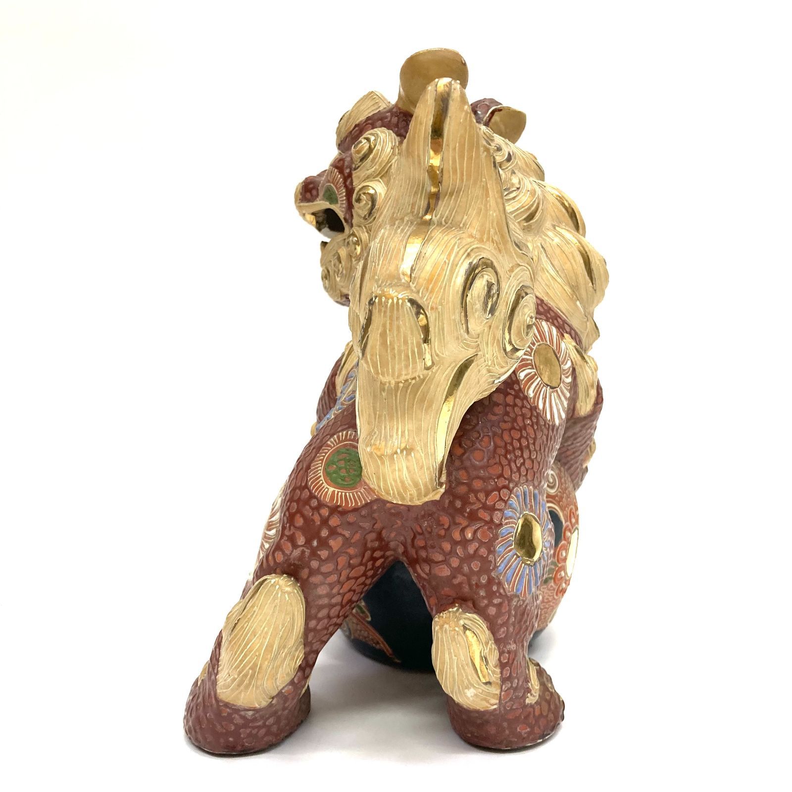 ① t) 九谷焼 玉乗り獅子 シーサー 狛犬 まり 金彩 骨董品 陶器製 伝統