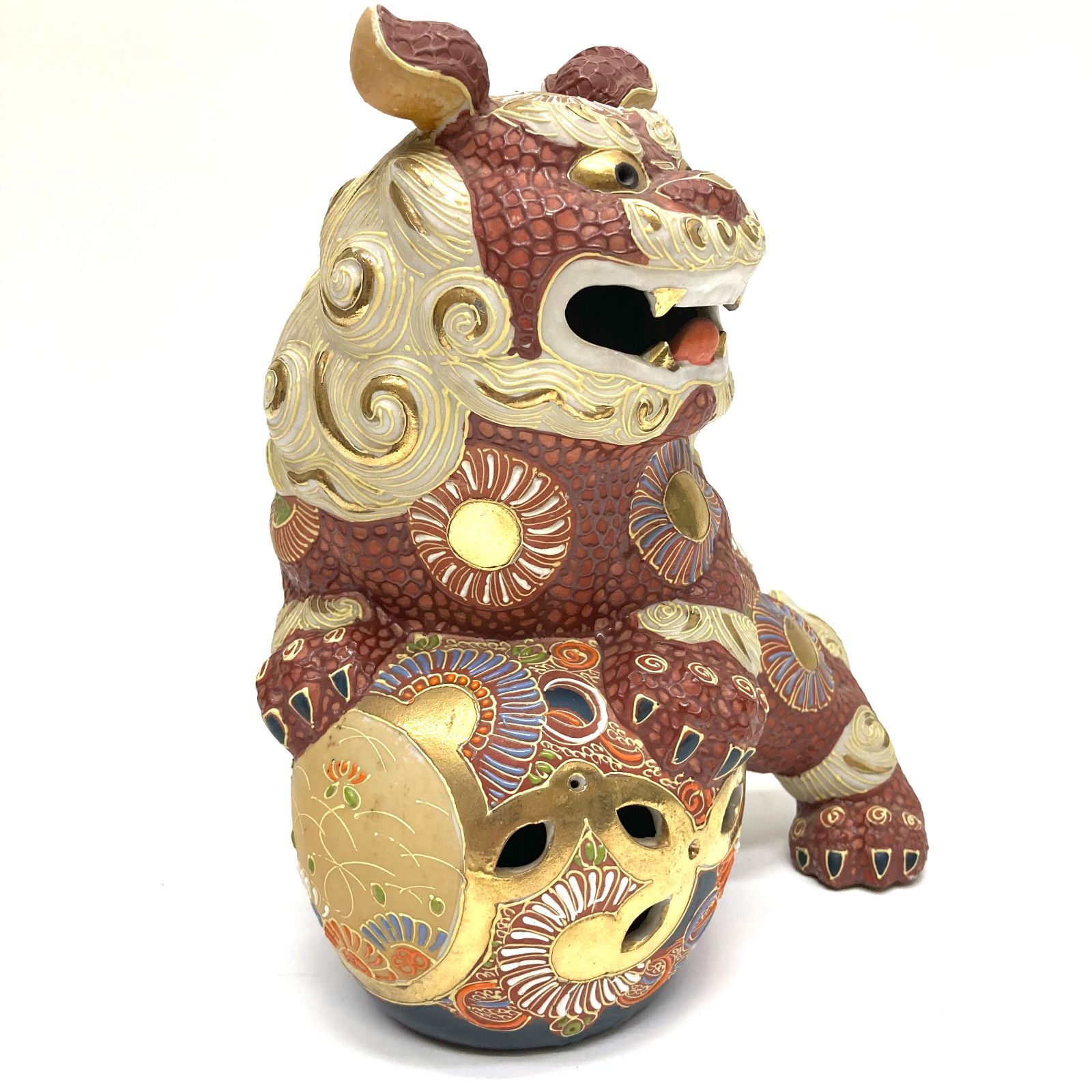 ② t) 九谷焼 幡山 玉乗り獅子 シーサー 狛犬 まり 金彩 骨董品 陶器製