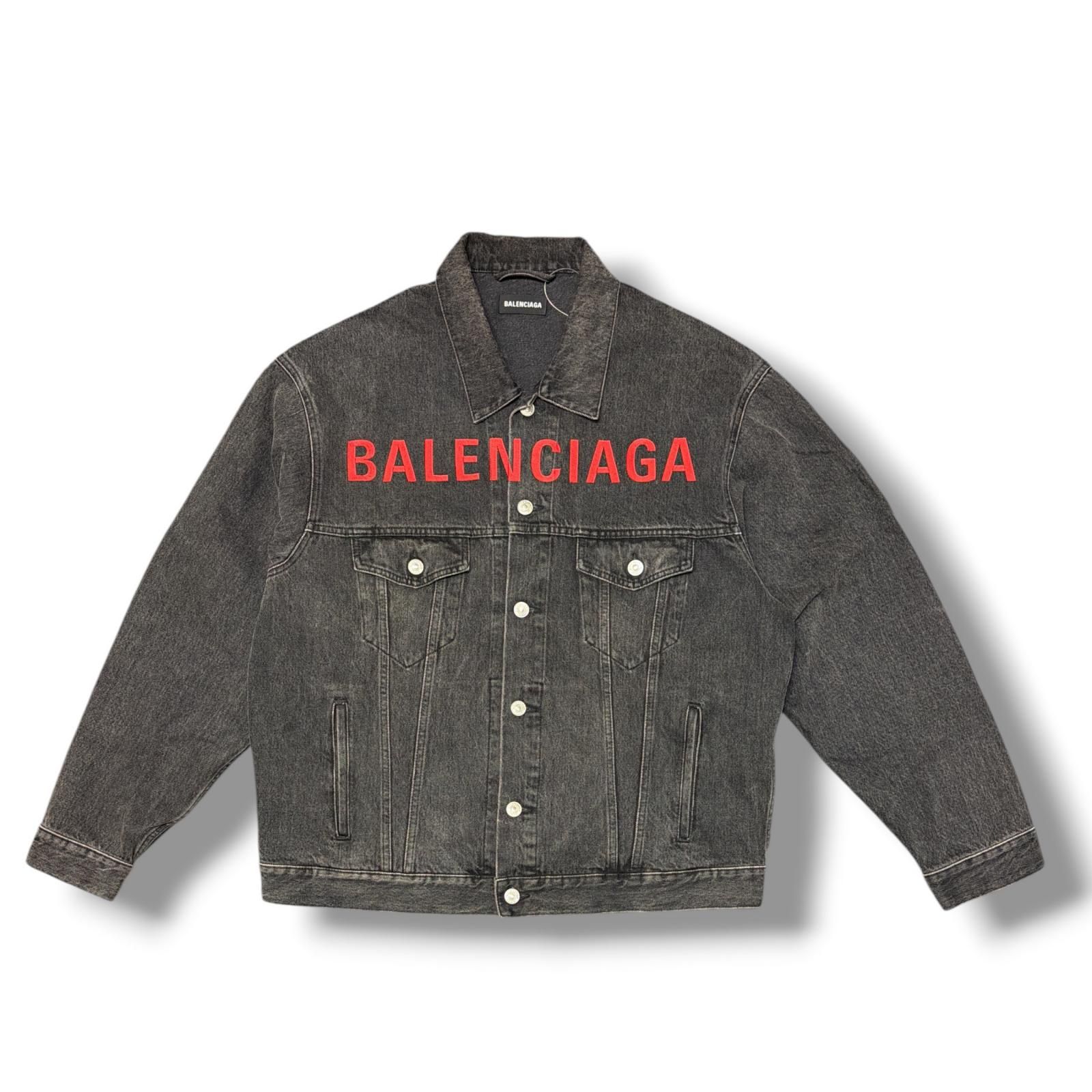 【即決歓迎】BALENCIAGA 21AW 襟ロゴ デニムジャケット 黒 34 国内正規 BALENCIAGA ロゴ刺繍 デニムジャケット Gジャン バレンシアガ