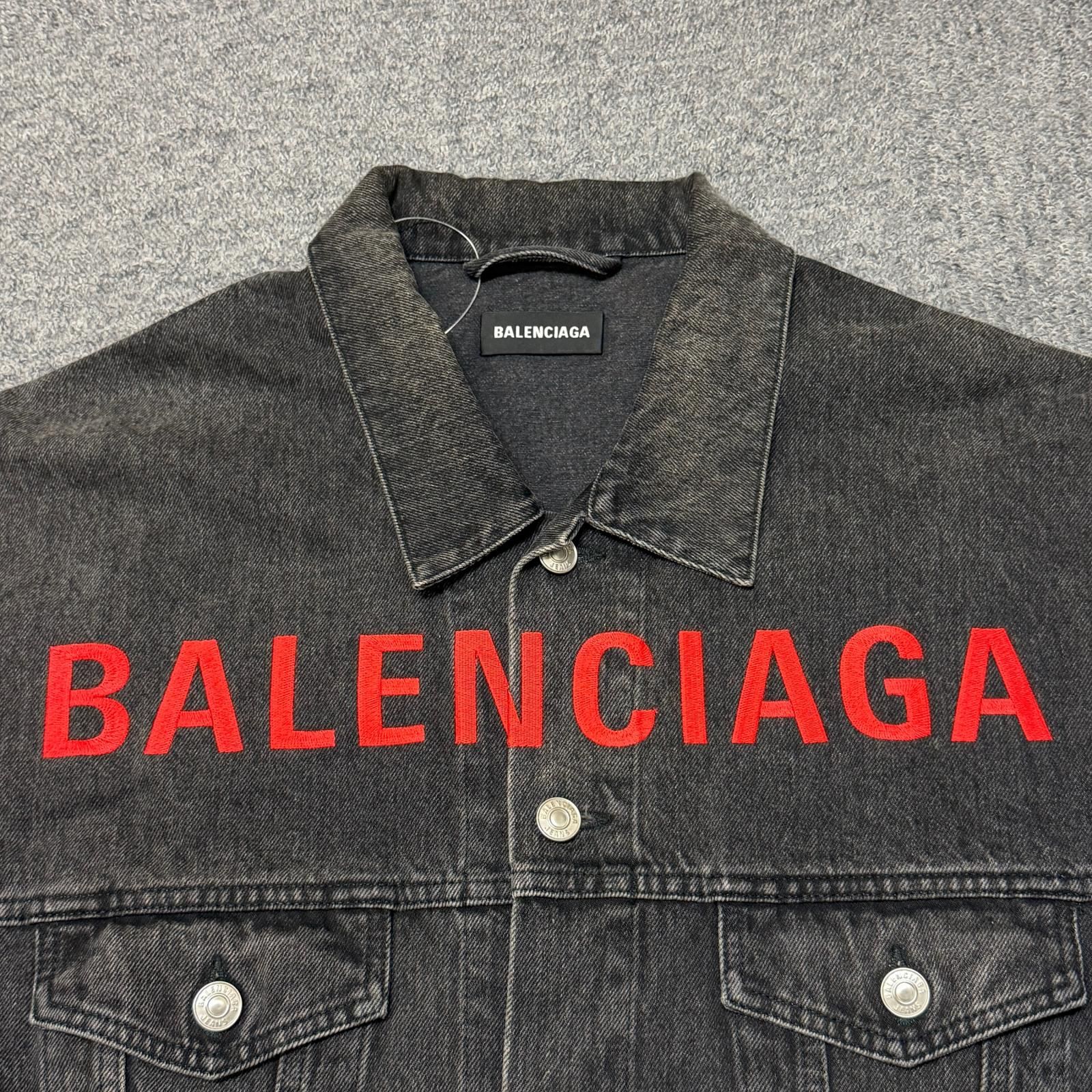 【即決歓迎】BALENCIAGA 21AW 襟ロゴ デニムジャケット 黒 34 国内正規 BALENCIAGA ロゴ刺繍 デニムジャケット Gジャン バレンシアガ