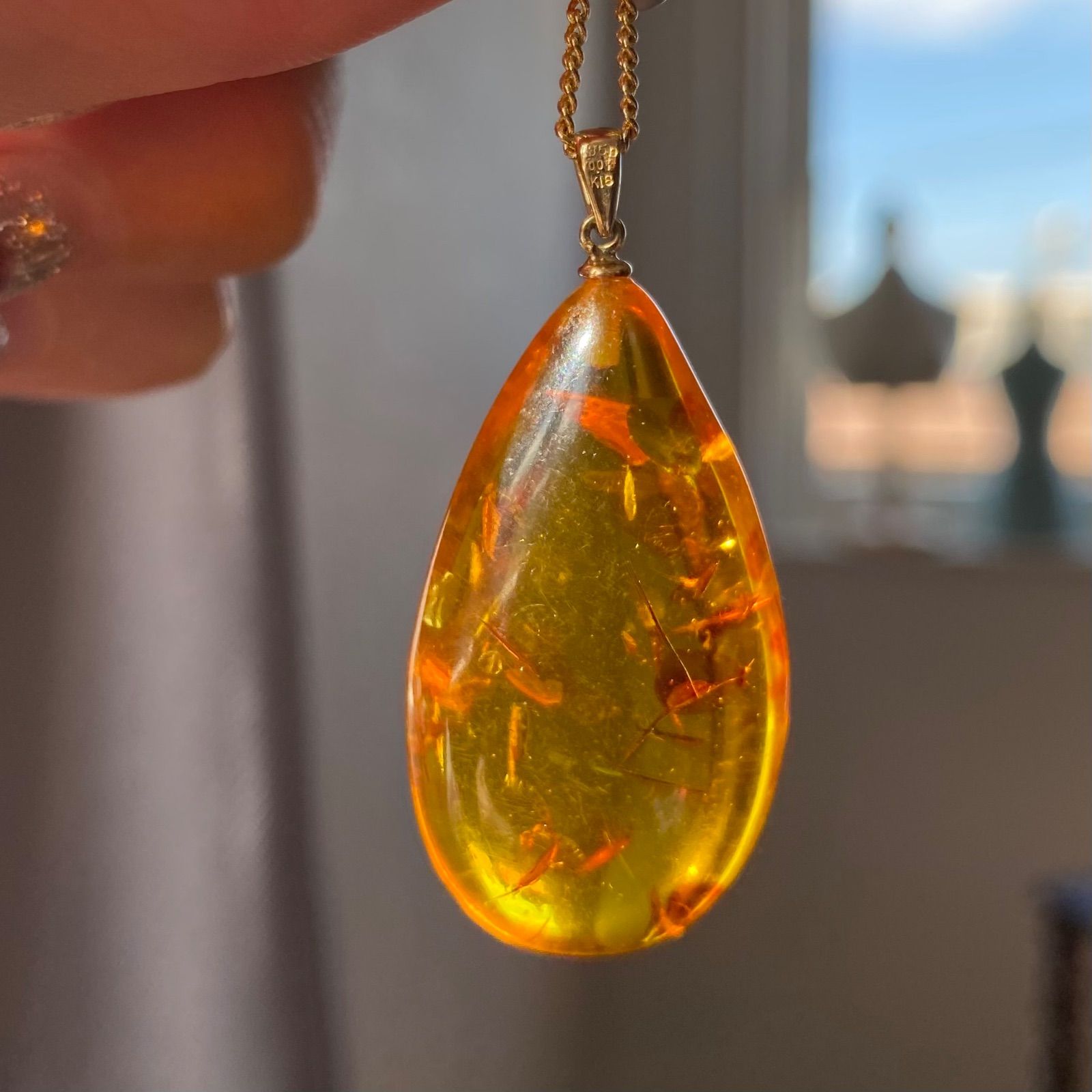買取店】大きなトップ✨ K18 琥珀 コハクamber ダイヤ ペンダント 