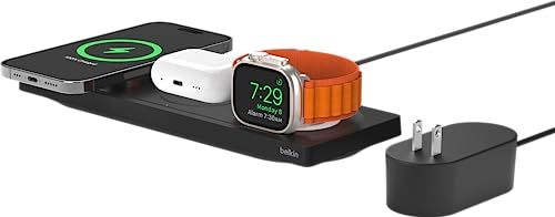 Belkin3 in 1 MagSafe充電器 最大15W高速充電 ワイヤレス充電器 MagSafe公式認証 iPhone17,16?12 Applewatch対応 8/7/Ultra 高速充電対応 AirPodsワイヤレス充電対応 ブラック WIZ016yu