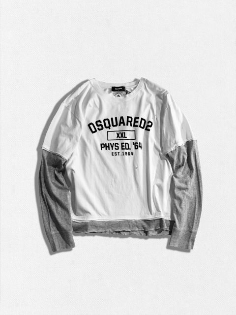 【定価101,200円(税込)】DSQUARED2 ディースクエアード 大人のラグジュアリーカジュアルを演出する！着るだけで色気と抜け感が溢れ出すデストロイ加工レイヤードロングTシャツ ロンT ロンティ 長袖 重ね着 クルーネック エイジング加工 S71GD