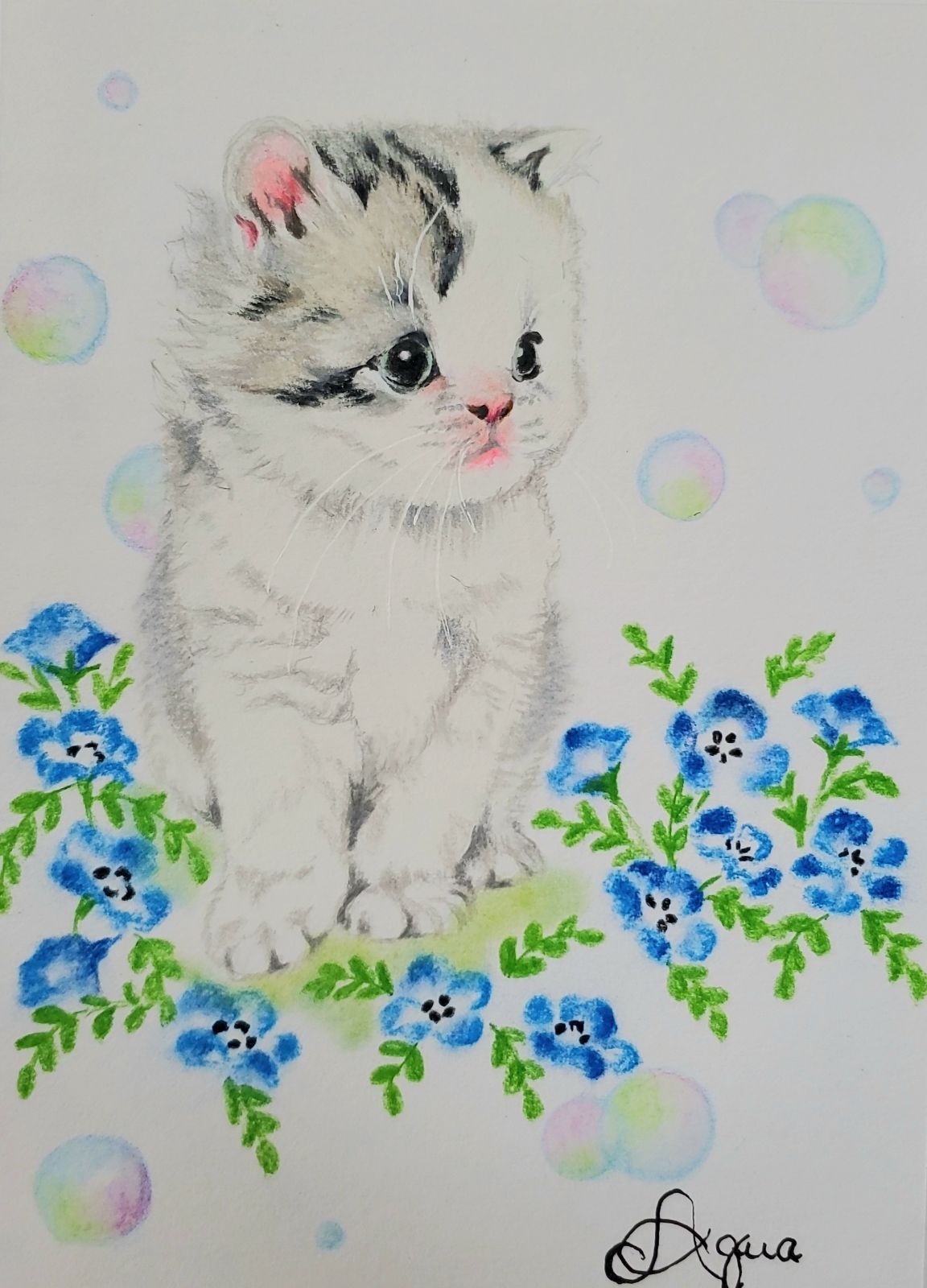 AQUA&癒し色鉛筆画「子猫2点セット」原画 - メルカリ