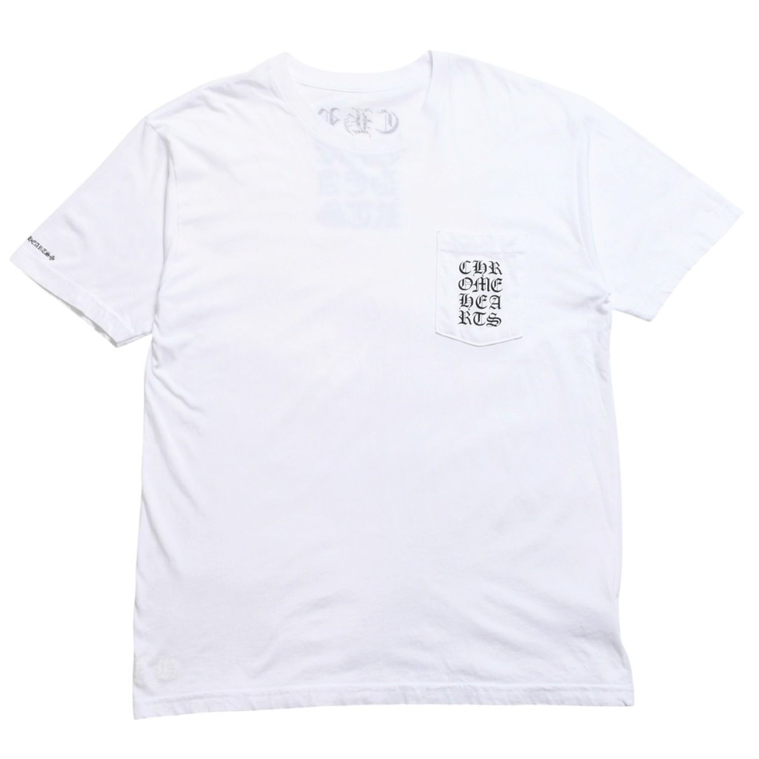 極美品 CHROME HEARTS クロムハーツ バーティカルロゴ ポケットTシャツ CHプラス ホースシュー スクロールラベル ホワイト XLサイズ 中古 4a005589