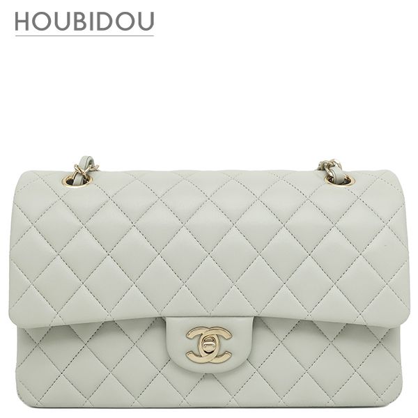 シャネル CHANEL ショルダーバッグ マトラッセ Wフラップ チェーンショルダー ラムスキン ライトグレー シャンパンゴールド金具 ブルーグレー ココマーク 【箱】【中古】