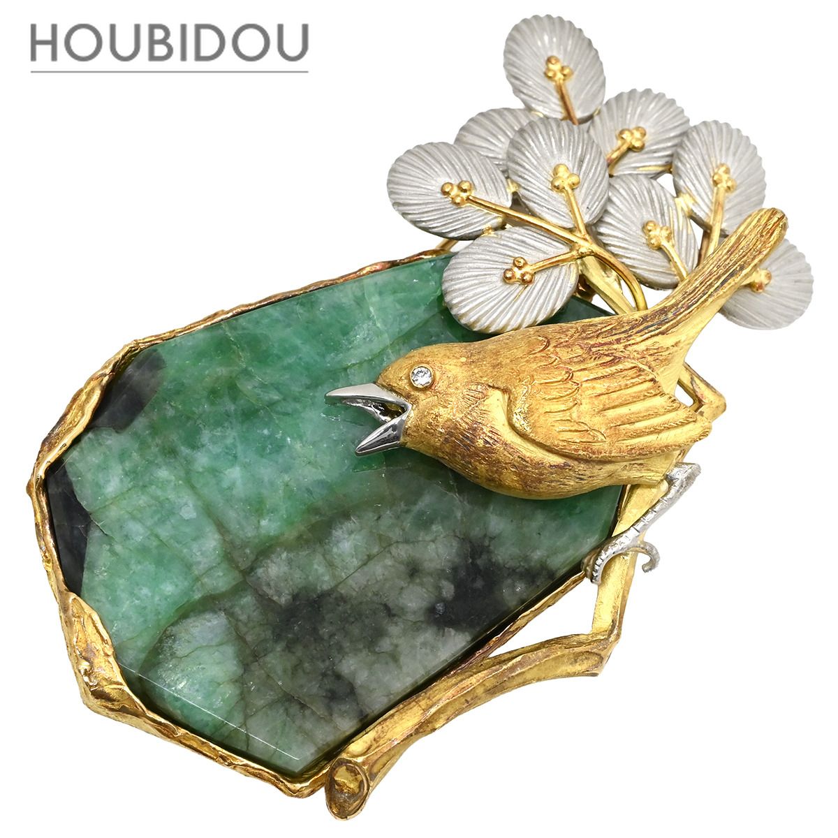 石川暢子 NOBUKO ISHIKAWA ブローチ エメラルド 57.67ct 鳥 グリーン×イエローゴールド×プラチナシルバー 18K 750 YG プラチナ コンビ ダイヤ 帯留め ペンダントトップ 【ケース】【中古】