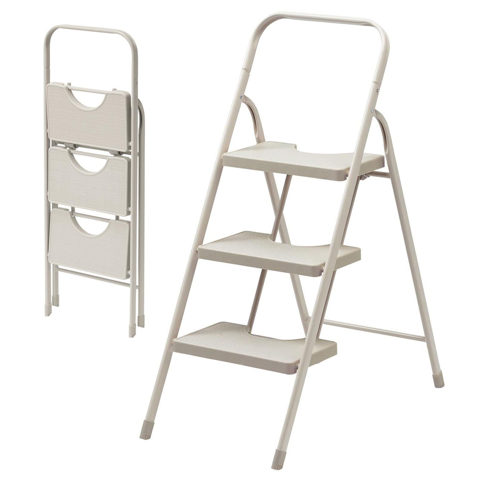 ★新品★イーサプライ 脚立 折りたたみ 3段 ステップスツール 耐荷重160? スチール製 重量5.3kg クリームベージュ EEX-KYA3BG 1ff8ad84