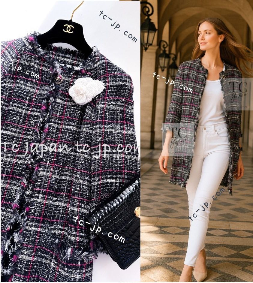 シャネル コート CHANEL ネイビー ピンク ビッグCC ボタン春夏 サマー ツイード ロング ジャケット カールラガーフェルド 貴重 美品 34
