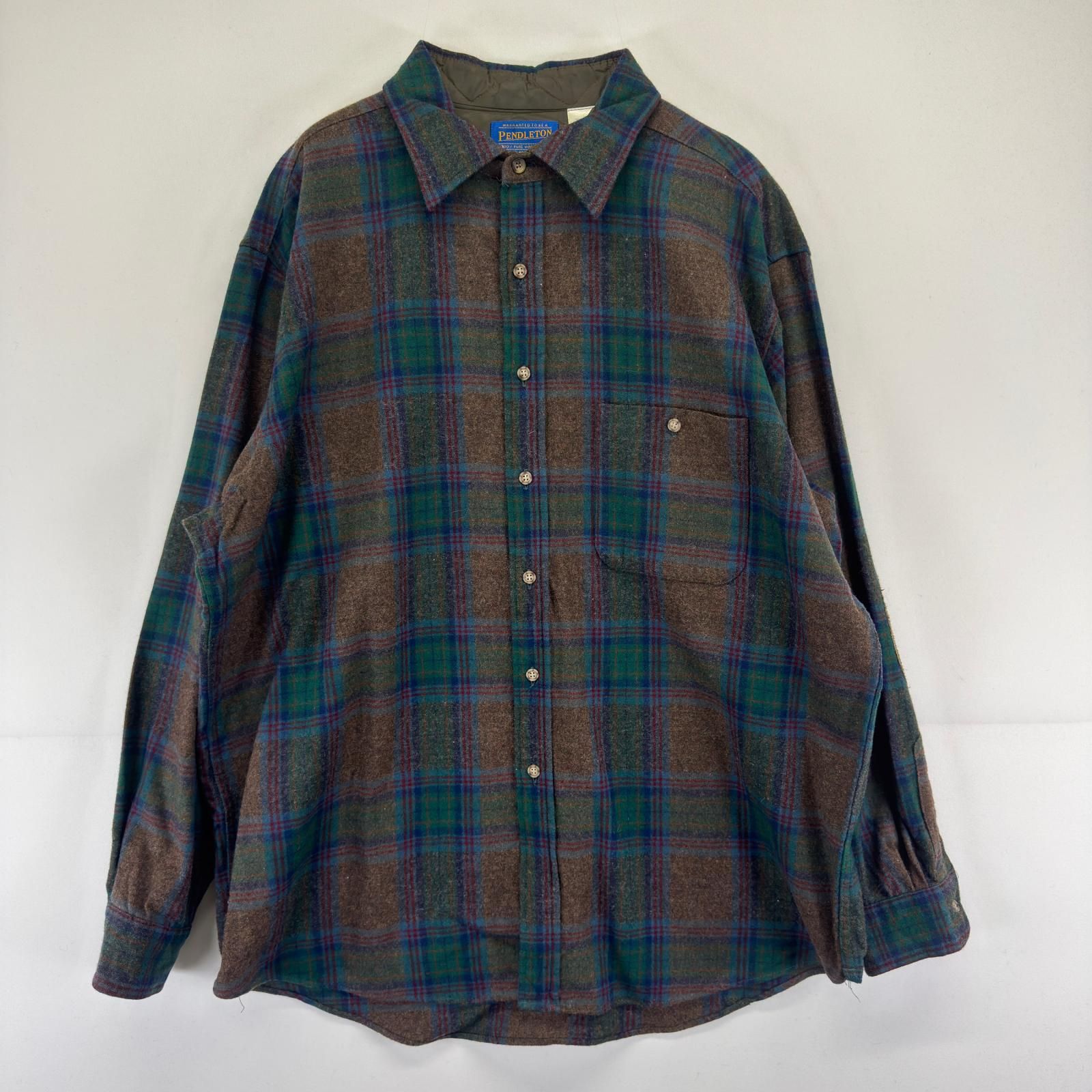 古着 90's/90年代 ペンドルトン PENDLETON USA製 長袖シャツ ウール チェック ポケット XL グリーン系 チェック メンズ