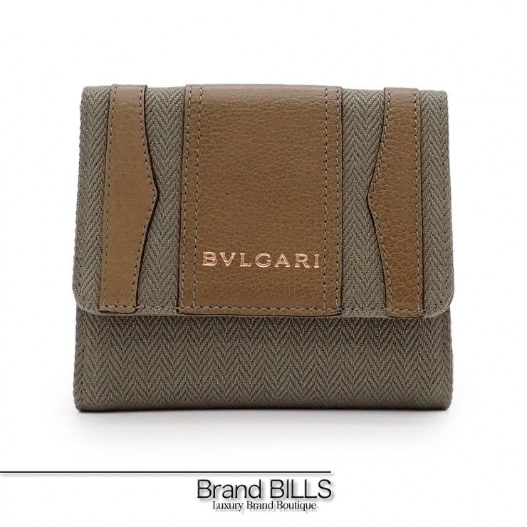 未使用品 BVLGARI ブルガリ B-ZERO1 ビーゼロワン 折り財布 33777 ヘリンボーン柄 キャンバス レザー カーキ系 ブラウン メンズ