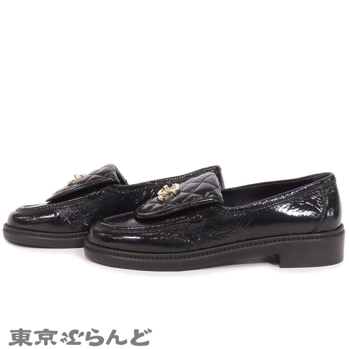 シャネル CHANEL ローファー ブラック 黒 ゴールド金具 パテントレザー