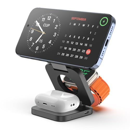 KU XIU X55 ワイヤレス充電器 3in1 MagSafe対応 折り畳みスタンド マグネット充電 5/7.5/15W 急速充電 置くだけ充電 iPhone17/16/15/14/13/12/Air対応 AirPods/Apple Wat de55863d