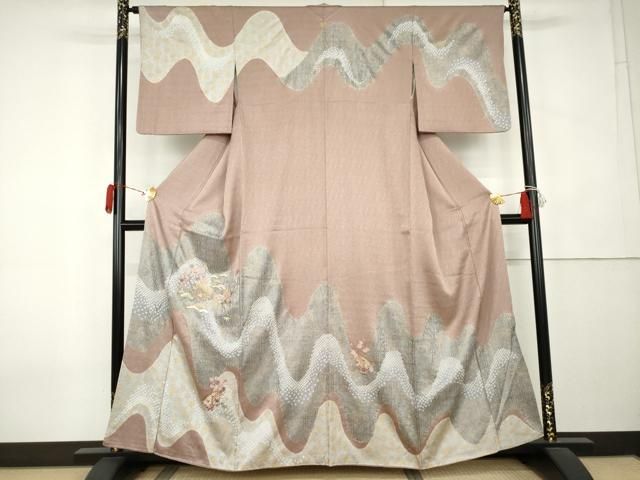 平和屋着物●訪問着　絞り　刺繍　渡り橋風景松竹梅文　金彩　正絹　逸品　AABK6479cs