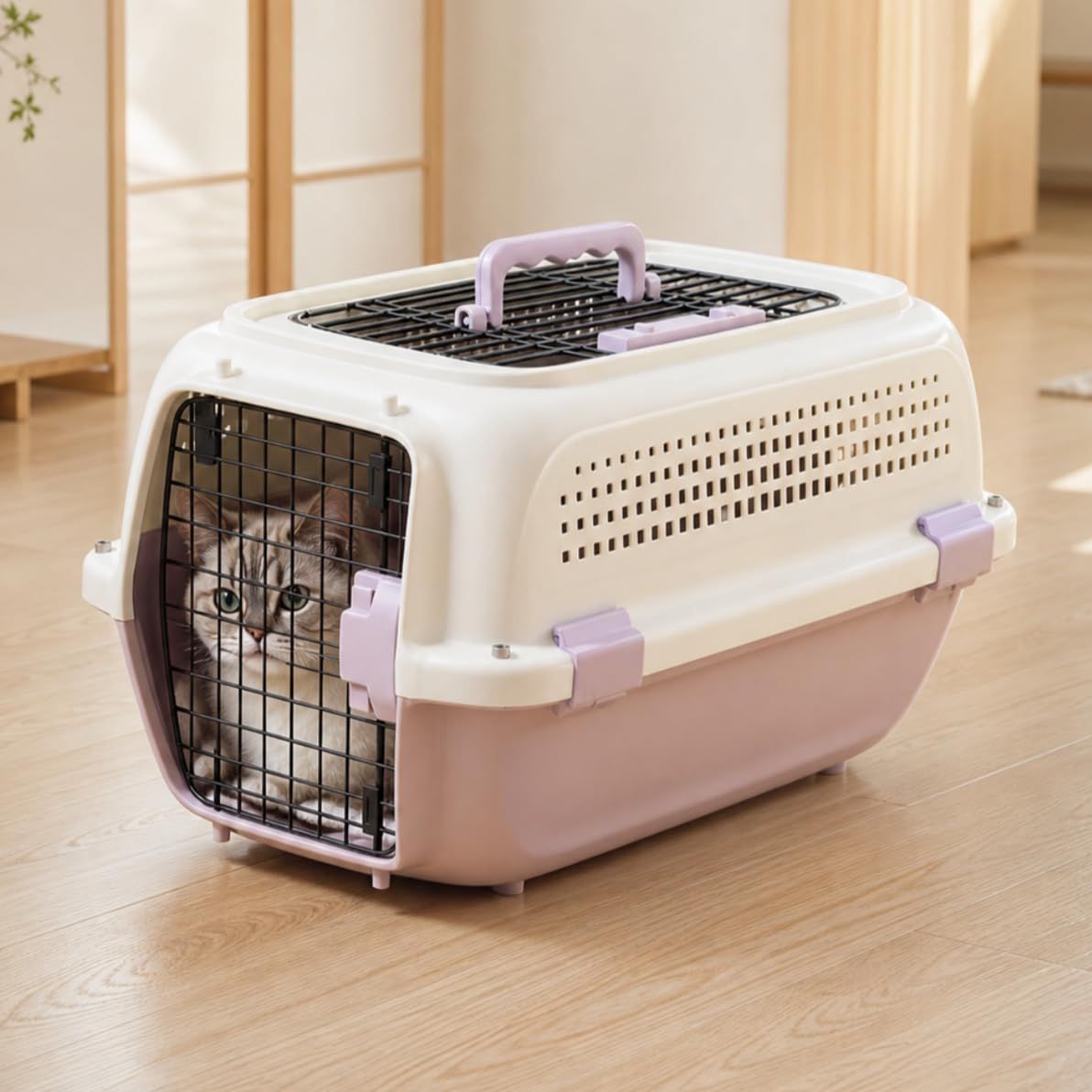 N&S ペットキャリー S パープル 犬猫用 ハードキャリー 通院 旅行 航空輸送 IATA基準対応 | 上から出し入れしやすい／通気孔付きで快適／金属扉＋ロックで安心／すのこ付きで清潔／目安5kgまでi c9201a19