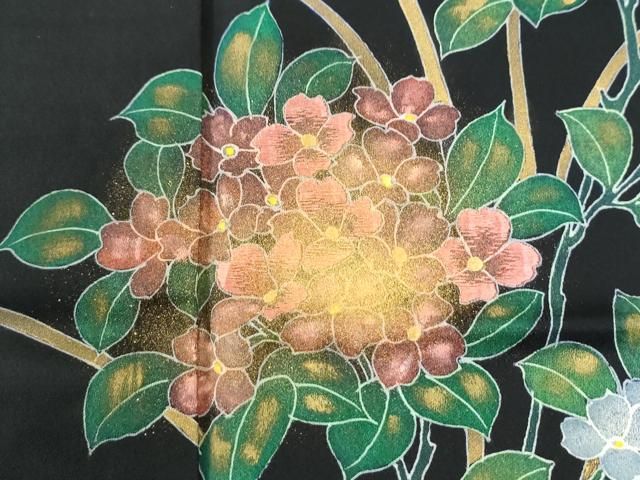 平和屋着物○訪問着 刺繍 草花文 暈し染め 黒地 金彩 正絹 逸品