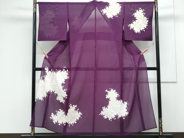 C 夏物 美品 風景 花々 金銀彩 紫色 絽 紗 薄物 訪問着 着物 K150 平和屋着物＊夏物 訪問着 絽 楓シルエット 光琳水 金銀彩 正絹 逸品