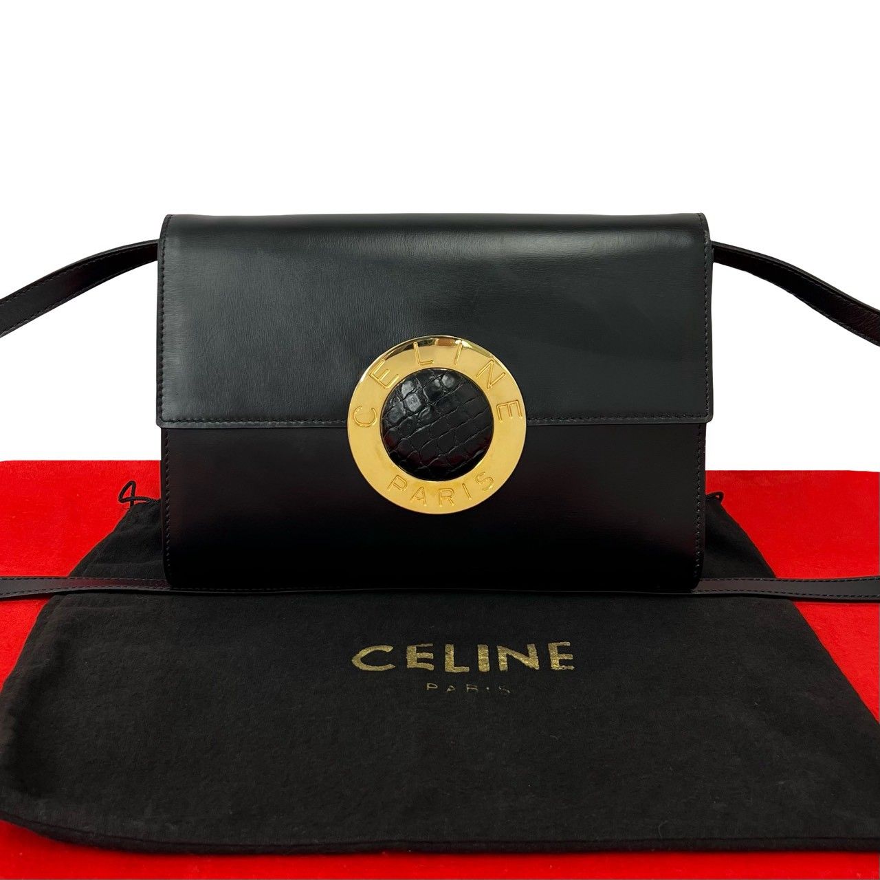 [美品]CELINE ショルダーバッグ ロゴ入り 袋付き CELINE セリーヌ ヴィンテージ サークルロゴ 金具 レザー 本革