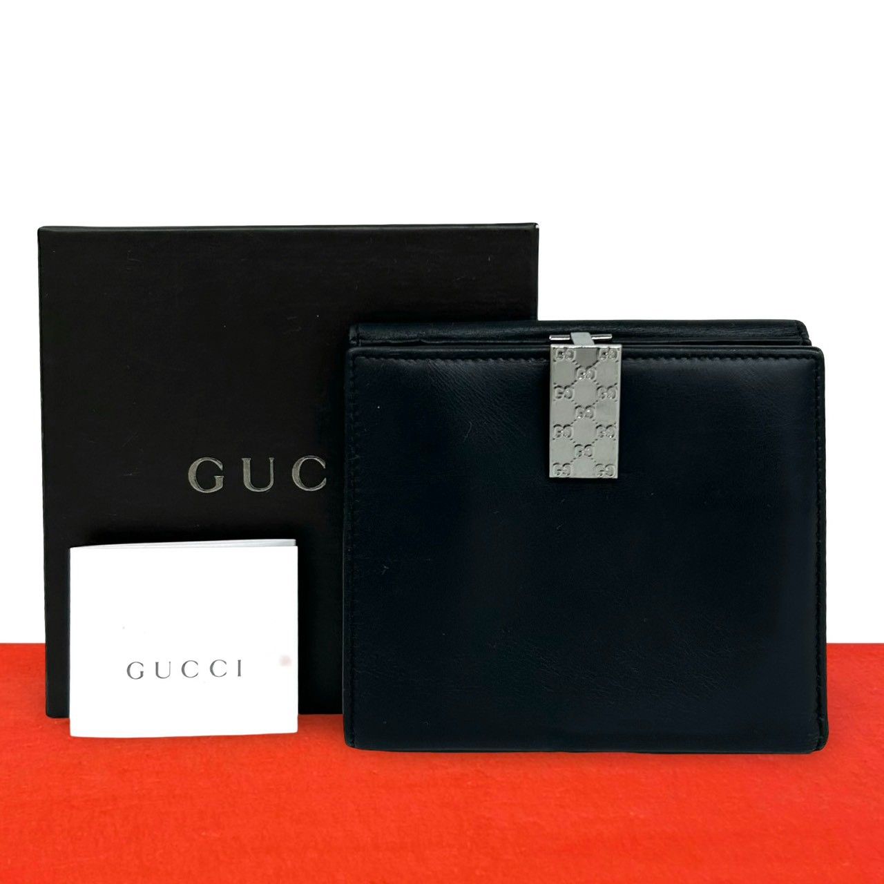 極 美品 箱付き GUCCI グッチ GG ロゴ 金具 レザー 本革 二つ折り 財布