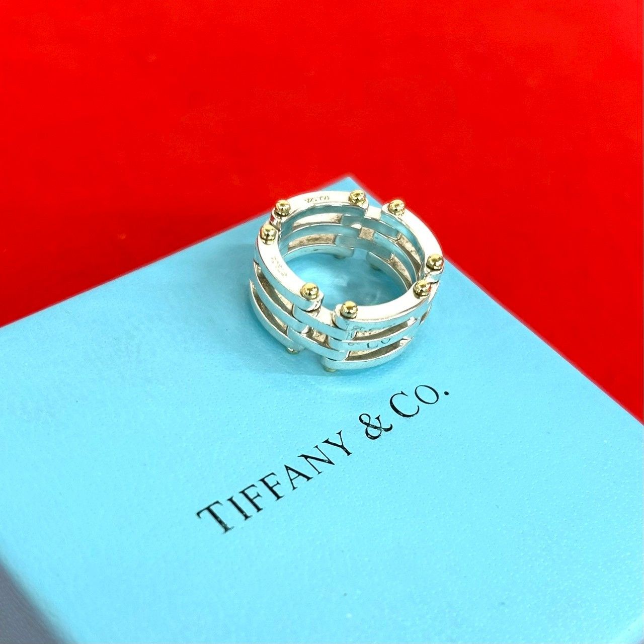 極 美品 TIFFANY&Co. ティファニー ゲートリング シルバー925 K18イエローゴールド 指輪 17.5号 アクセサリー シルバー 42780