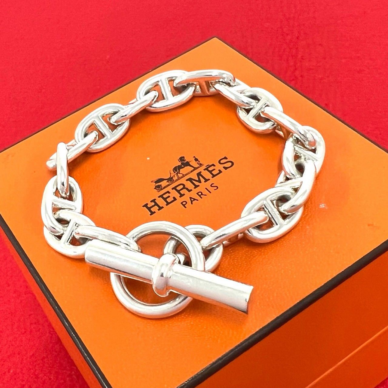極 美品 箱付き HERMES エルメス シェーヌダンクル MM 16コマ ブレスレット シルバー925 チェーン アクセサリー シルバー 380-5