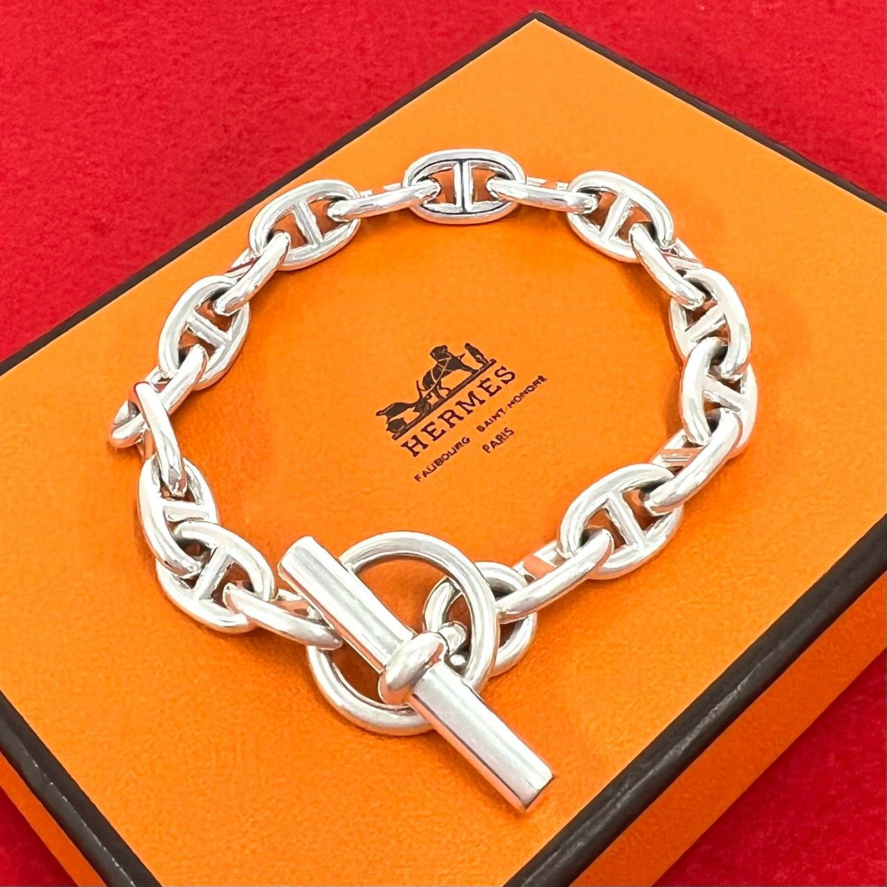 極 美品 HERMES エルメス シェーヌダンクル MM 18コマ ブレスレット シルバー925 チェーン アクセサリー シルバー 380-8