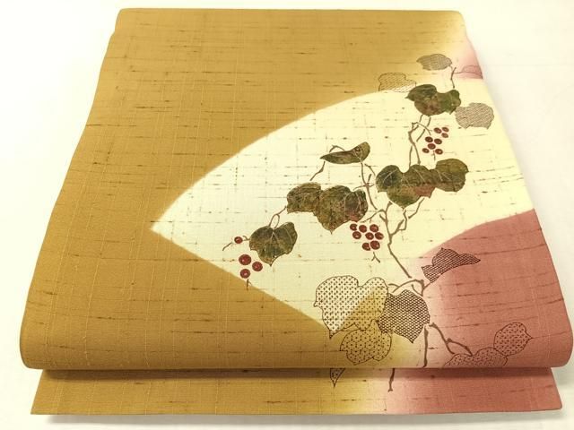 平和屋着物●両方向　太鼓柄袋帯　ぜんまい紬　葡萄蔦の葉文　金彩　正絹　逸品　未使用　CABK4699vp