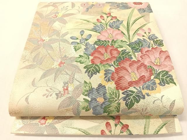 平和屋着物●六通柄袋帯　唐織　色紙洋花文　金糸　正絹　逸品　CABK4707vp 27,300円