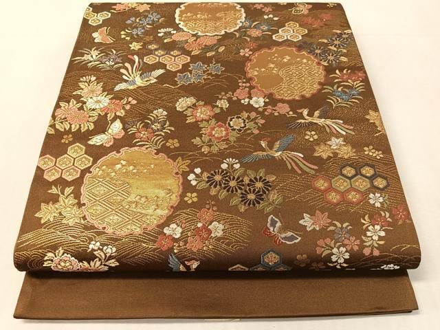 平和屋着物●西陣　橋本テル織物謹製　六通柄袋帯　唐織　雪輪花鳥蝶文　金糸　証紙付き　正絹　逸品　CABK4710vp