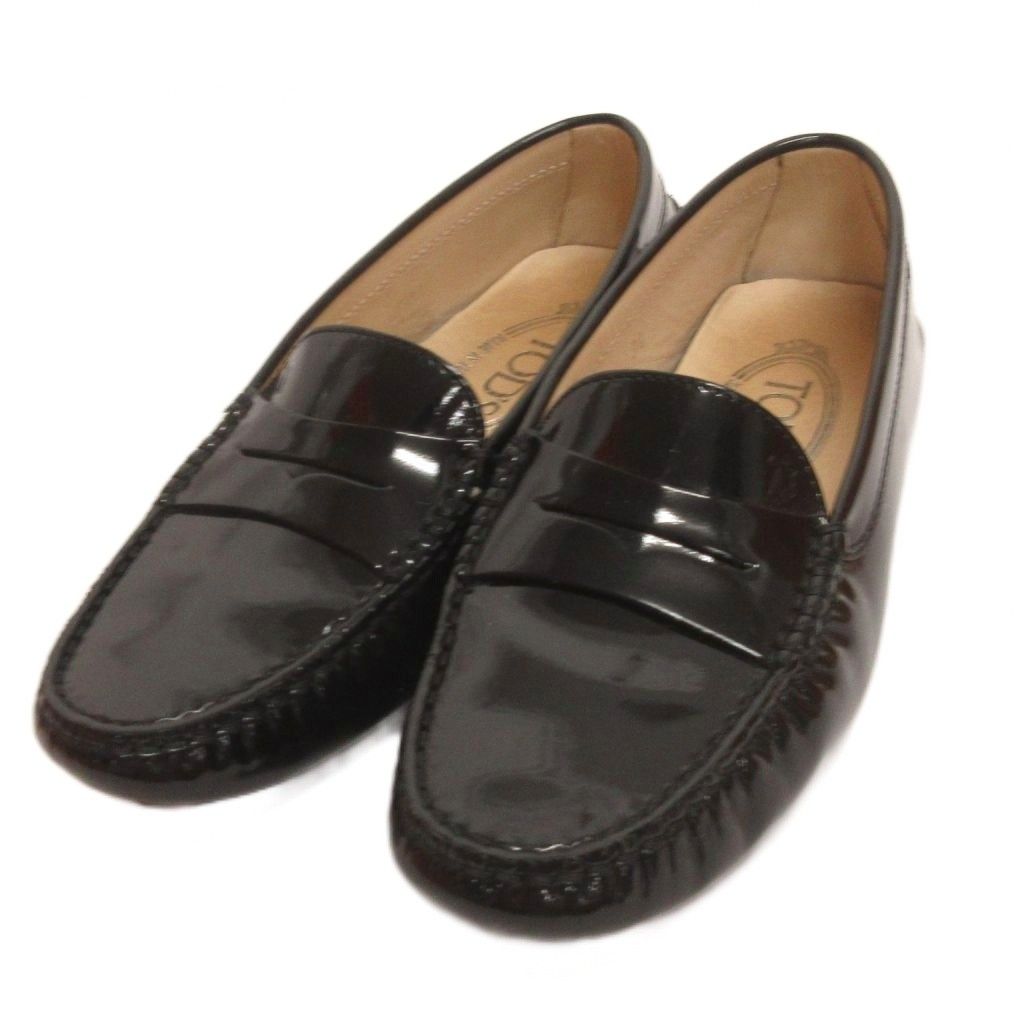 トッズ TOD'S ドライビングシューズ ローファー コイン エナメル 黒 ブラック 34